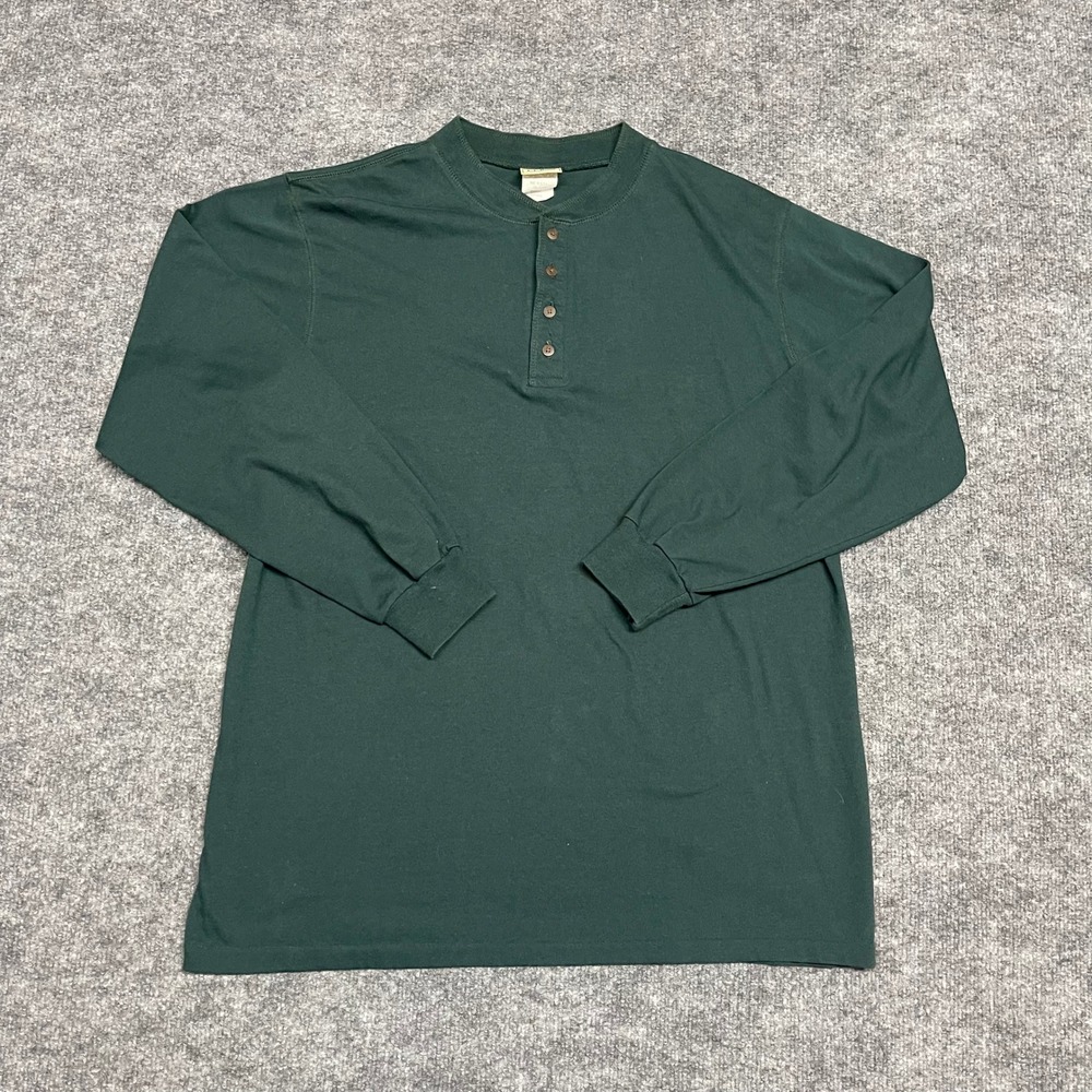 Vintage LL Bean Henley Shirt Men Large Tall Green Long Sleeve Cotton Made in USA